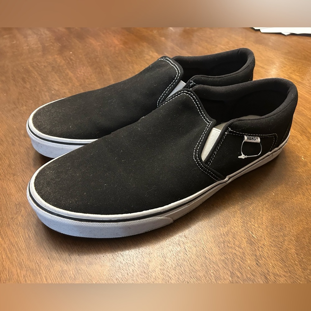 Vans Men's Black and White Slip-On Sneakers